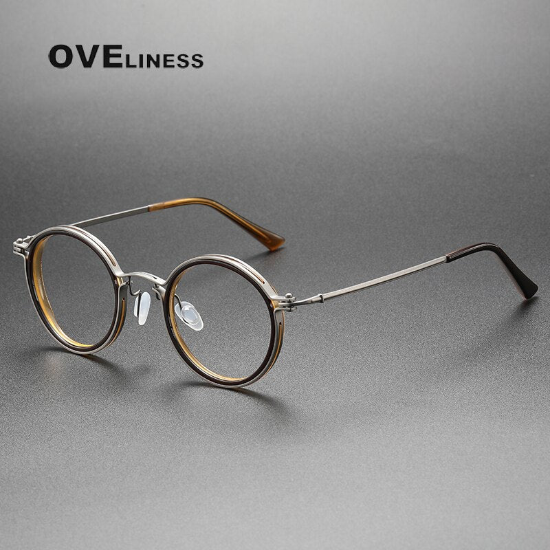 Oveliness Unisex Full Rim Round Acetate Titanium Eyeglasses 5860 Full Rim Oveliness brown gun  