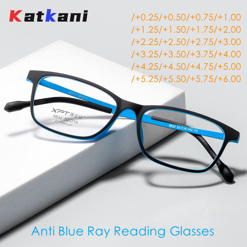 KatKani Unisex Full Rim Square Tr 90 Titanium  Reading Glasses Anti Blue Light Black 9832xp Reading Glasses KatKani Eyeglasses   