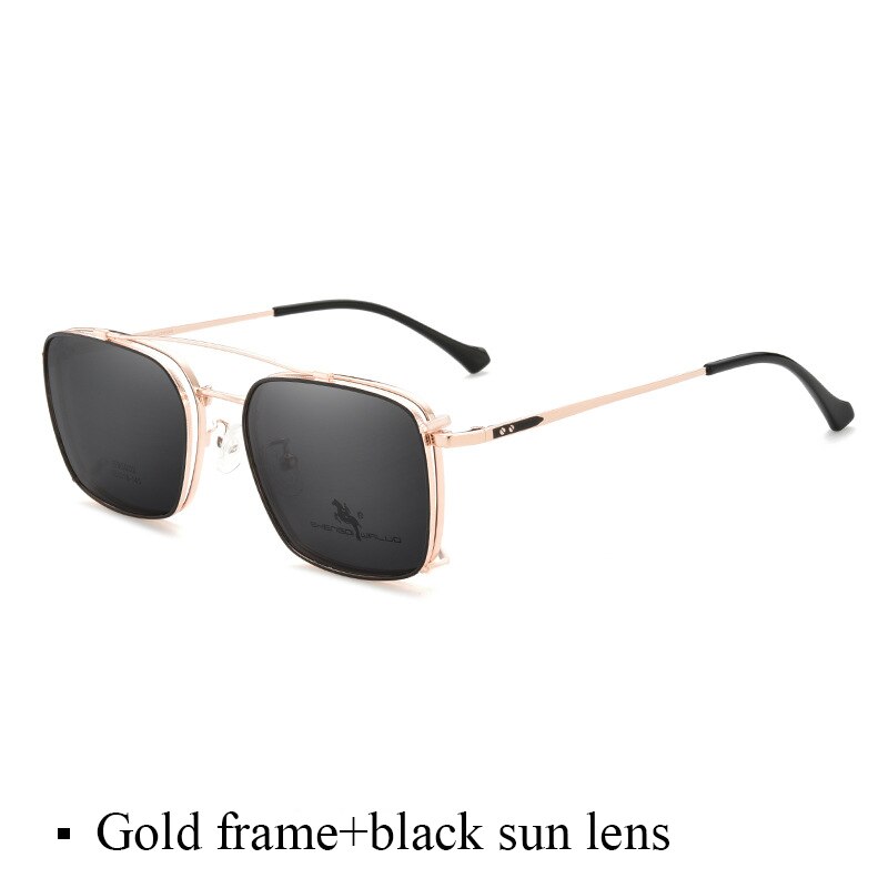 Bclear Men's Full Rim Square Alloy Frame Eyeglasses With Clip On Polarized Sunglasses Zt95002 Sunglasses Bclear Gold  