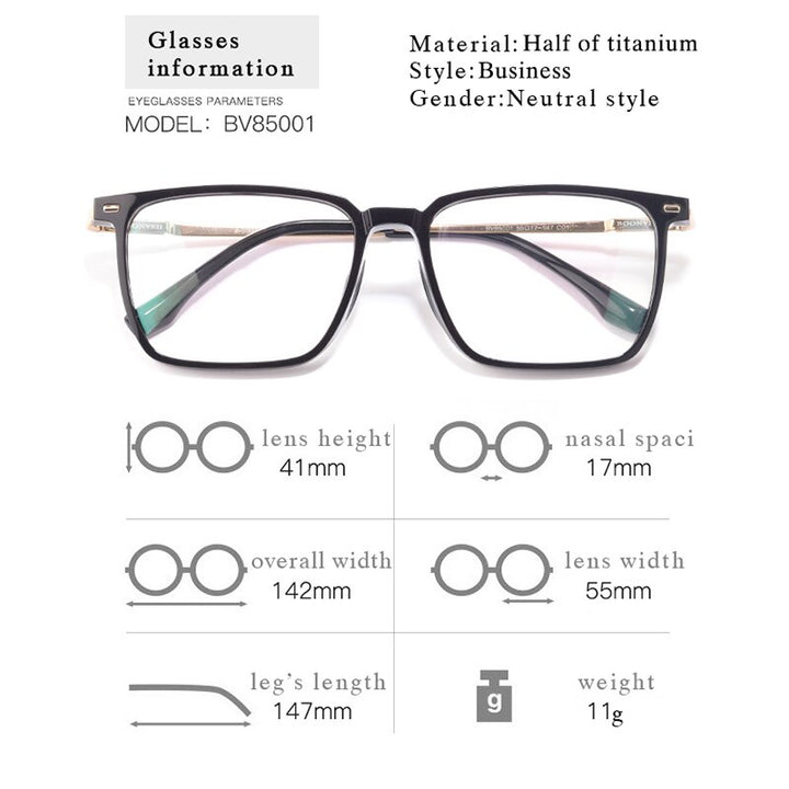 Hotochki Men's Full Rim Square Titanium Alloy Frame Eyeglasses Bv85001 Full Rim Hotochki   