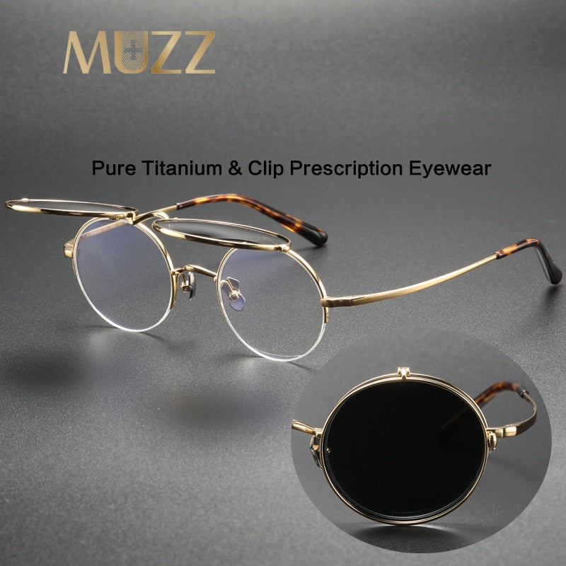 Muzz Unisex Semi Rim Round Titanium Eyeglasses Flip Up Polarized Sunglasses 54 Semi Rim Muzz   