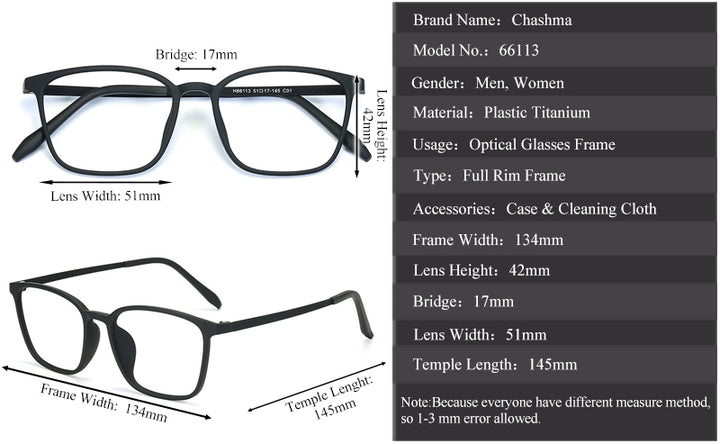 Chashma Unisex Full Rim Ultem Titanium Square Frame Eyeglasses 66113 Full Rim Chashma   