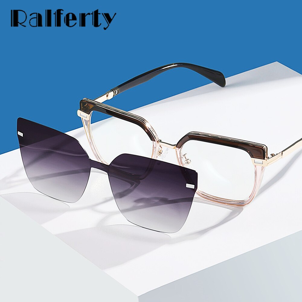 Ralferty Women's Full Rim Square Cat Eye Alloy Acetate Eyeglasses With Clip On Polarized Sunglasses With Clip Ons Ralferty   