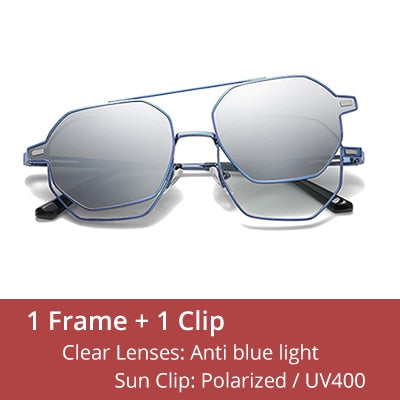 Ralferty Unisex Full Rim Hexagon Alloy Eyeglasses With Clip On Polarized Sunglasses Clip On Sunglasses Ralferty C12 Blue-Silver China As picture