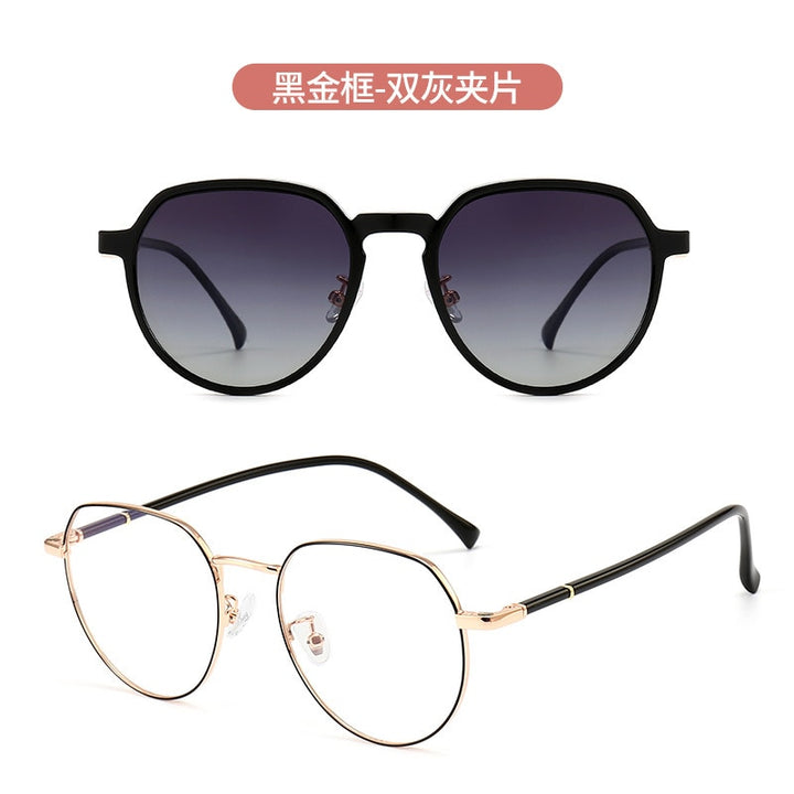 Kansept Women's Full Rim Round Cat Eye Alloy Eyeglasses Clip On Sunglasses Clip On Sunglasses Kansept Black Gold - gray CN Other