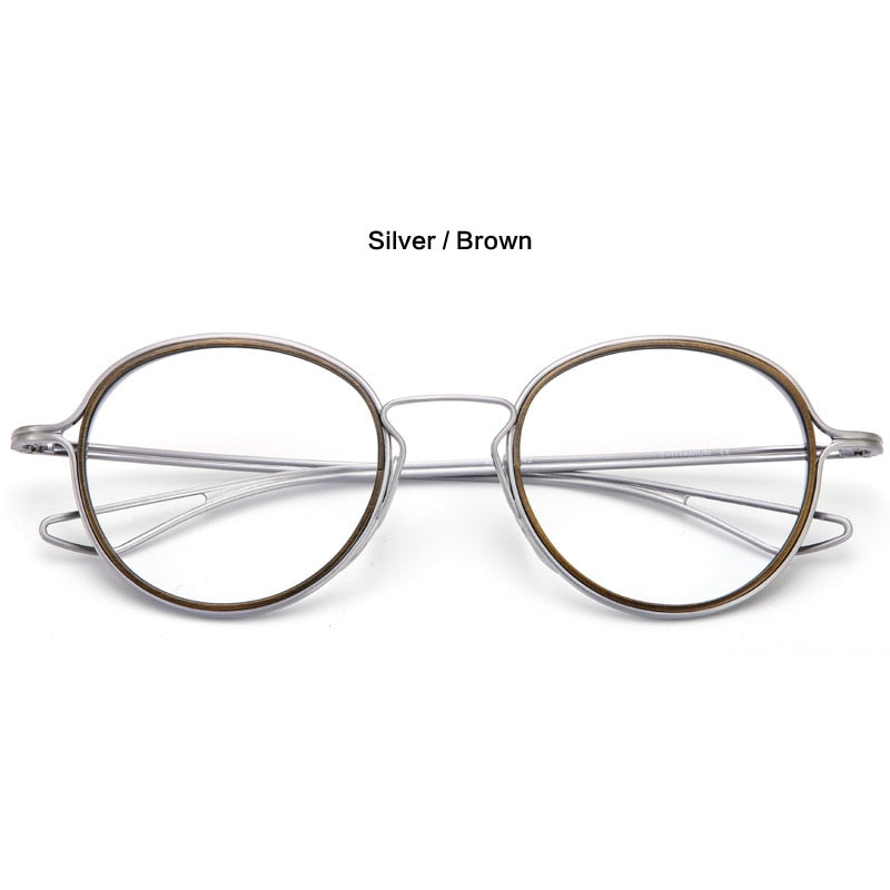 Muzz Unisex Full Rim Round Hand Crafted Titanium Frame/Inner Ring Eyeglasses 100 Full Rim Muzz Silver Brown  