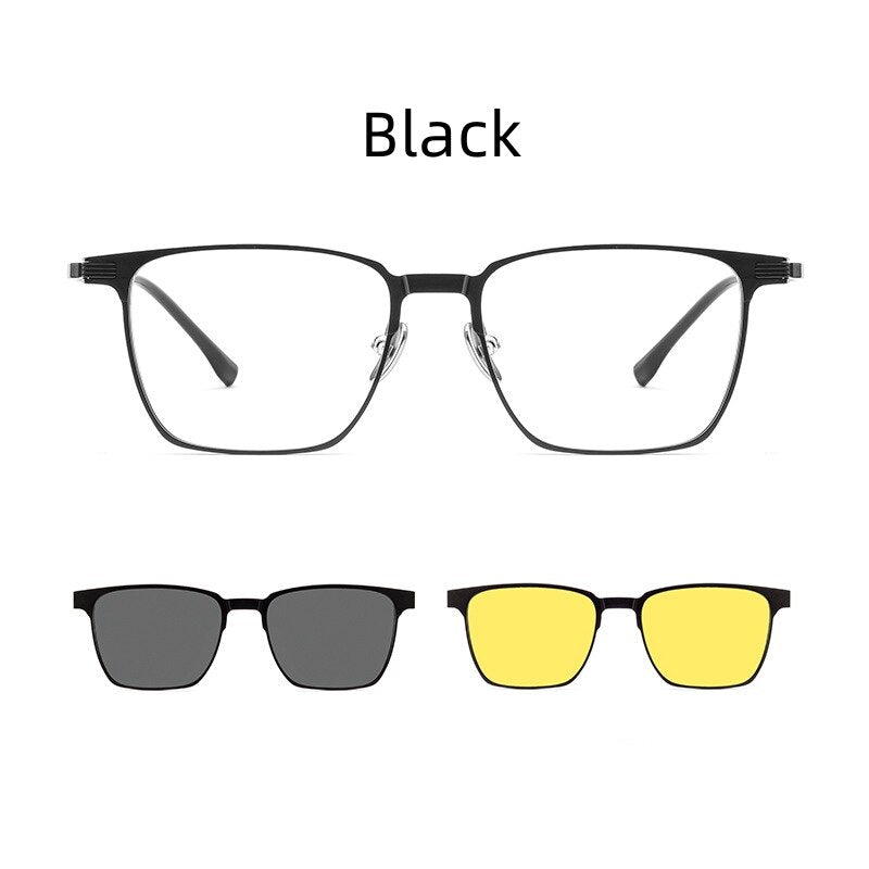 KatKani Unisex Full Rim Square Aluminum Magnesium Titanium Eyeglasses Clip On Polarized Sunglasses 9903 Clip On Sunglasses KatKani Eyeglasses Black  