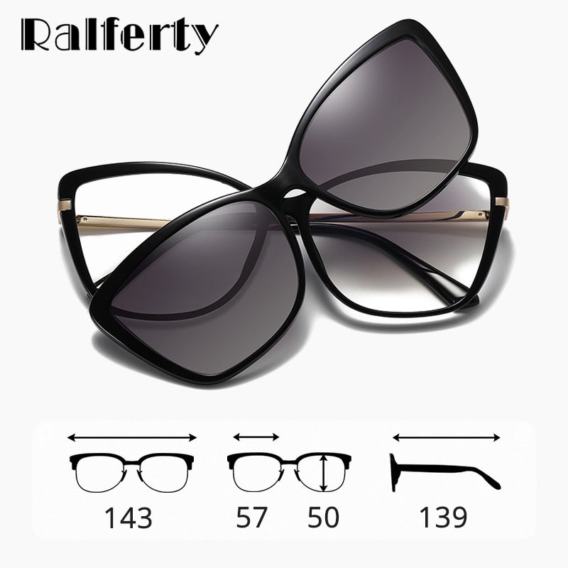 Ralferty Women's Full Rim Square Cat Eye Acetate Eyeglasses With Clip On Sunglasses D95335 With Clip Ons Ralferty   