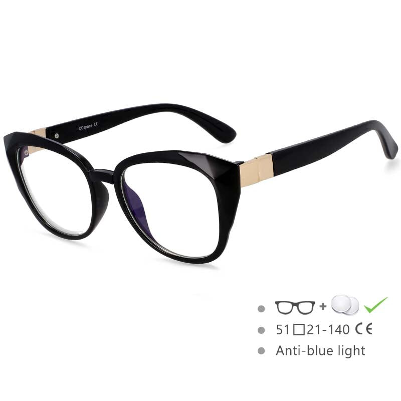 CCSpace Women's Full Rim Oversized Square Cat Eye Resin Frame Eyeglasses 48092 Full Rim CCspace China Black 