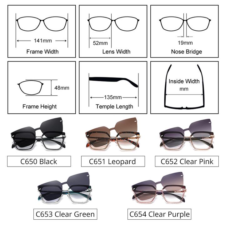Ralferty Women's Full Rim Square Cat Eye Alloy Acetate Eyeglasses With Clip On Polarized Sunglasses Clip On Sunglasses Ralferty   