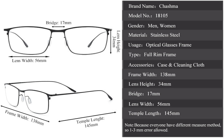 Chashma Ottica Unisex Full Rim Square Eyeglasses 18105 Full Rim Chashma Ottica   