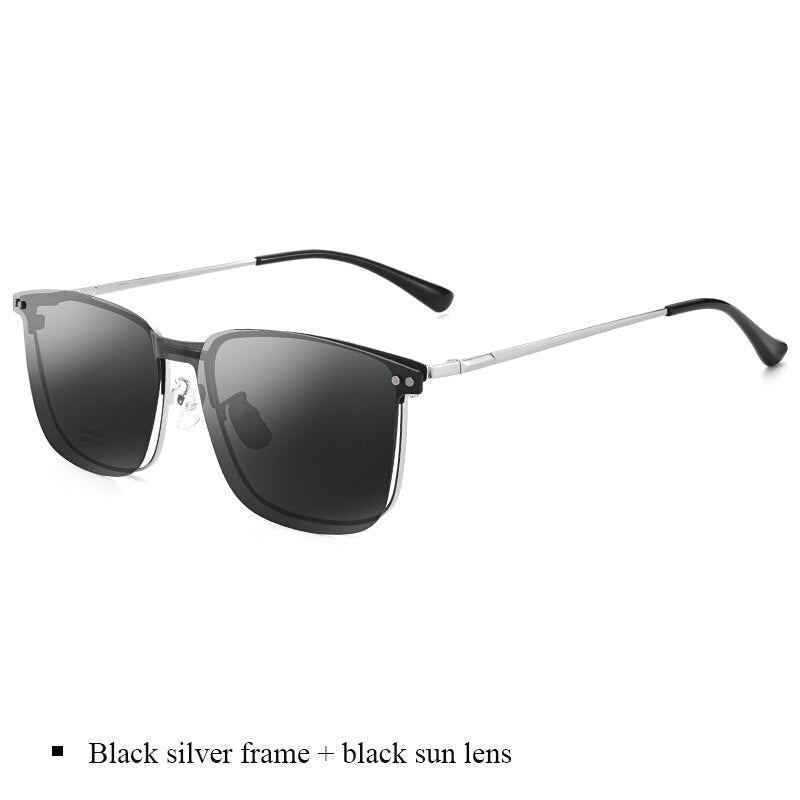 Bclear Men's Full Rim Square Alloy Frame Eyeglasses Clip On Polarized Sunglasses Zt94020 Sunglasses Bclear Black silver frame  