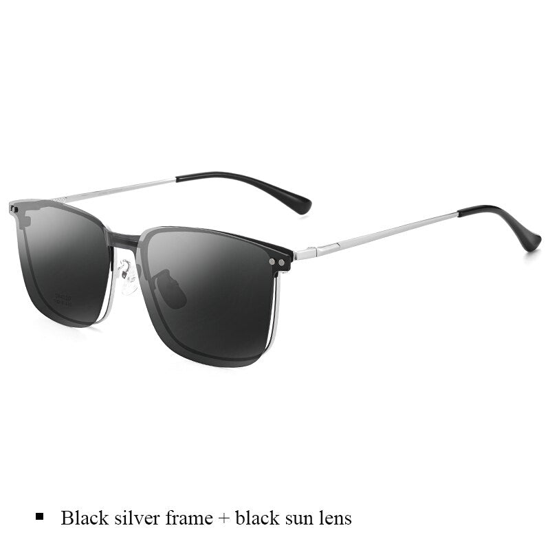 Bclear Men's Full Rim Square Alloy Frame Eyeglasses Clip On Polarized Sunglasses Zt94020 Full Rim Bclear Black silver frame  