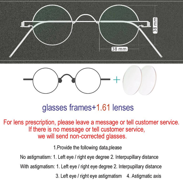 Yujo Unisex Full Rim Round Handcrafted Stainless Steel Customized Lens/ Diameter Eyeglasses Full Rim Yujo 38mm China 