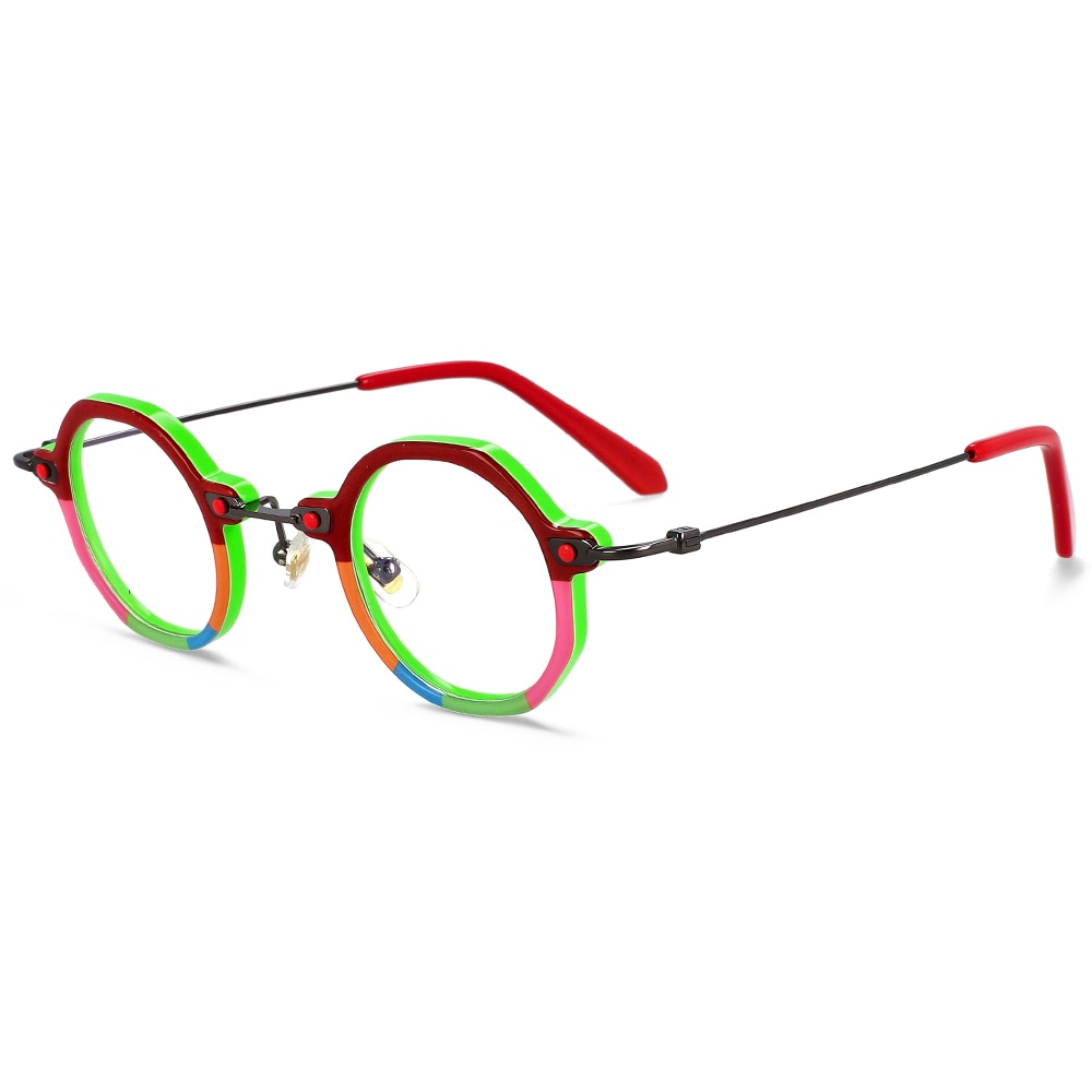 CCspace Unisex Full Rim Polygonal Round Acetate Titanium Eyeglasses 55345 Full Rim CCspace RedGreen China 