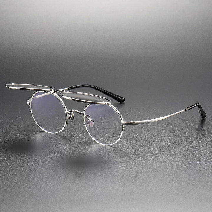 Muzz Unisex Semi Rim Round Titanium Eyeglasses Flip Up Polarized Sunglasses 54 Semi Rim Muzz Silver  