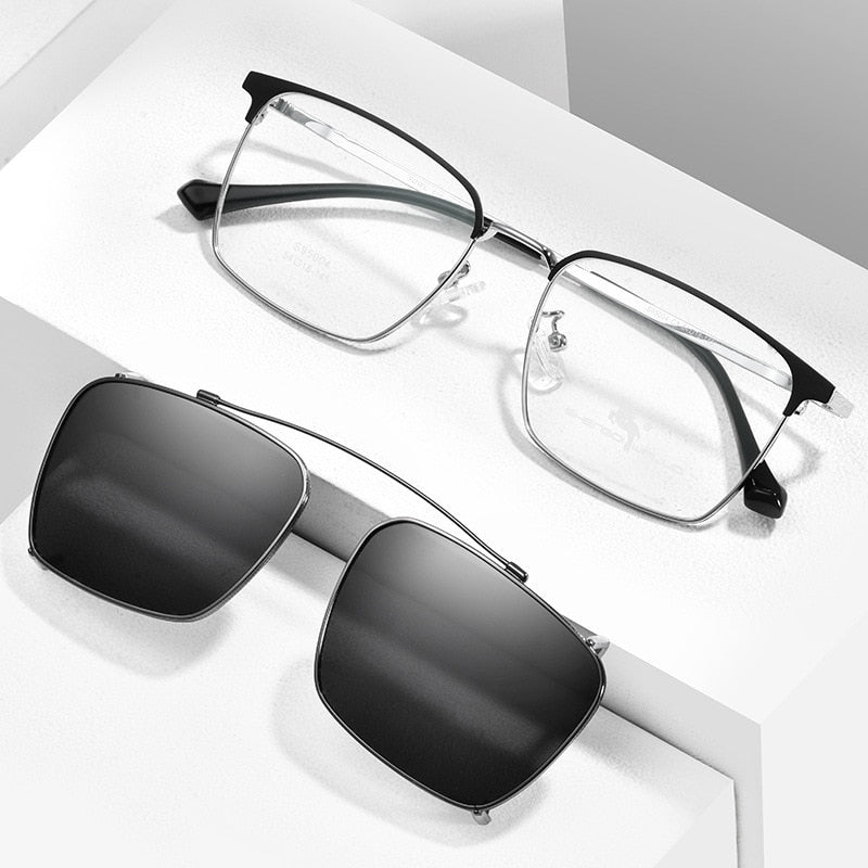 Bclear Men's Full Rim Square Alloy Frame Eyeglasses With Clip On Polarized Sunglasses Zt95004 Sunglasses Bclear   