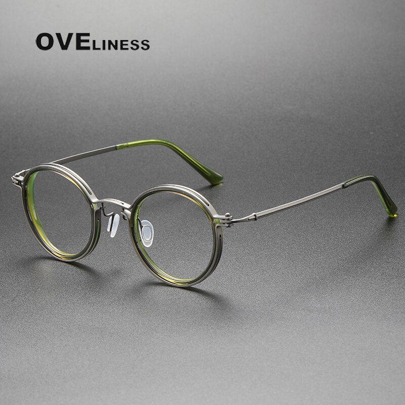 Oveliness Unisex Full Rim Round Acetate Titanium Eyeglasses 5860 Full Rim Oveliness green gun  