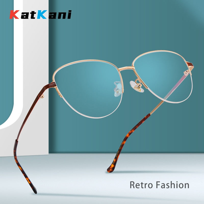 KatKani  Women's Semi Rim Round Cat Eye Alloy Cat Eyeglasses 0580 Semi Rim KatKani Eyeglasses   