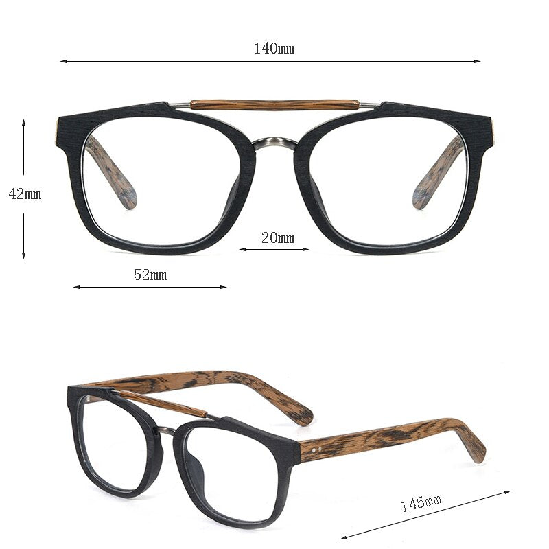 Hdcrafter Men's Full Rim Square Double Bridge Wood Alloy Eyeglasses Ft0369