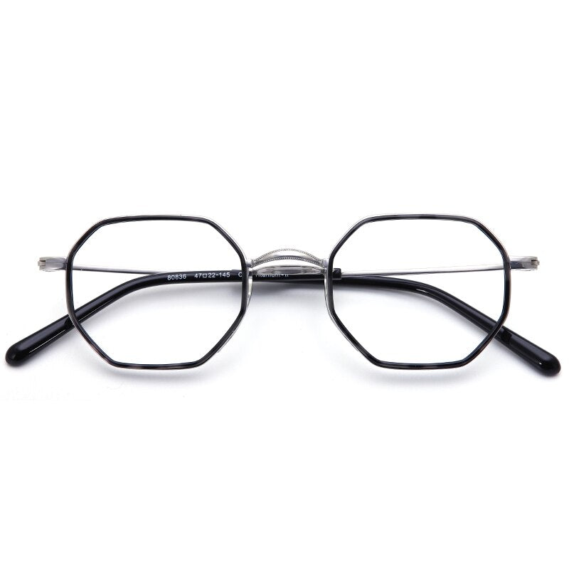 Muzz Unisex Full Rim Polygonal Round Titanium Acetate Frame Eyeglasses 80836 Full Rim Muzz Black Silver  