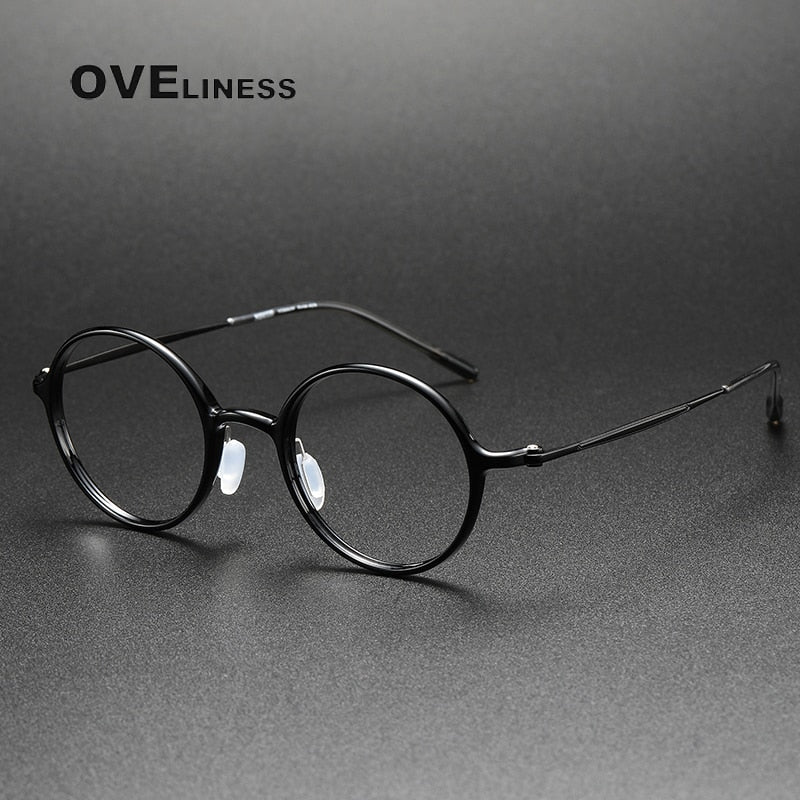 Oveliness Unisex Full Rim Round Acetate Titanium Eyeglasses 8635 Full Rim Oveliness black  