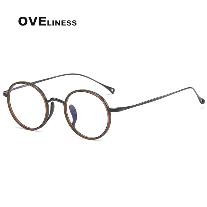 Oveliness Unisex Full Rim Round Acetate Titanium Eyeglasses 7307 Full Rim Oveliness brown  gun  