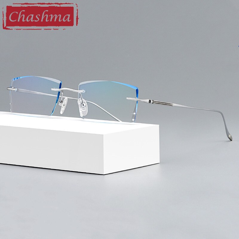 Chashma Ottica Men's Rimless Square Titanium Eyeglasses Tinted Lenses 9083 Rimless Chashma Ottica Silver with Blue  