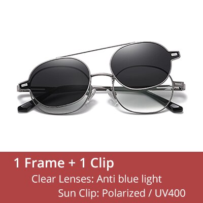 Ralferty Unisex Full Rim Oval Alloy Eyeglasses With Clip On Polarized Sunglasses D8802 Clip On Sunglasses Ralferty C07 Light Gun China 