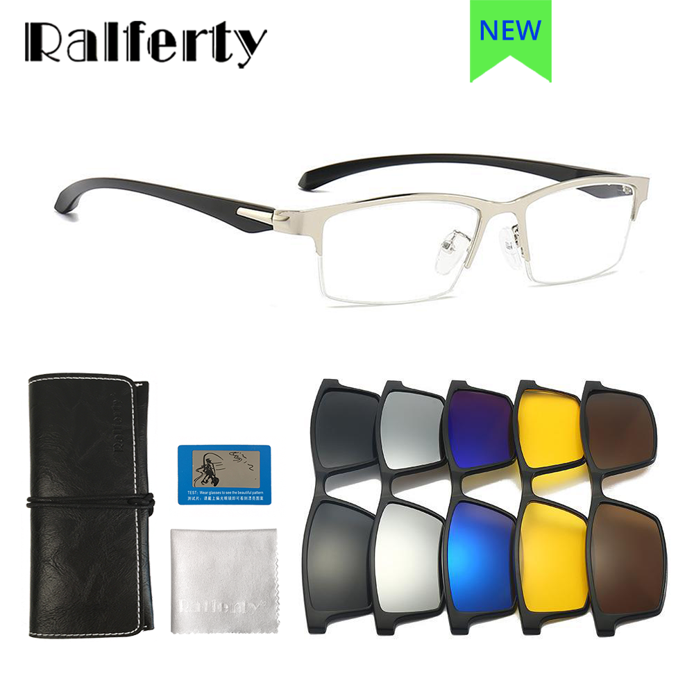 Ralftery Men's Semi Rim Rectangle Alloy Eyeglasses With Clip On Sunglasses Tr2347 With Clip Ons Ralferty   