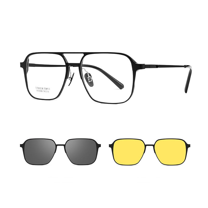 Yimaruili Unisex Full Rim Square Double Bridge Titanium Eyeglasses Clip On Sunglasses P72046 Clip On Sunglasses Yimaruili Eyeglasses Black  
