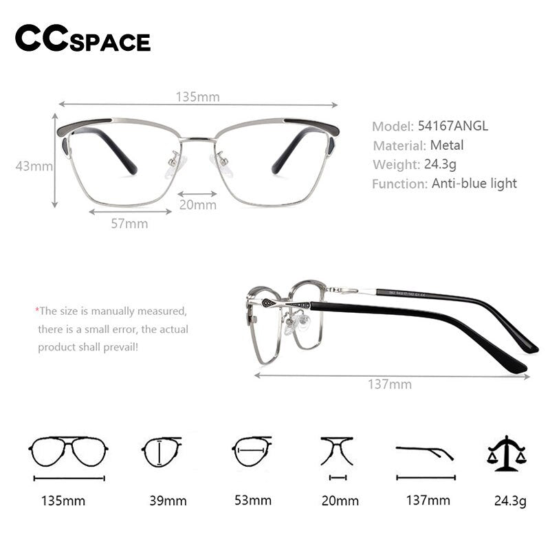 CCSpace Women's Full Rim Square Alloy Frame Eyeglasses 54167 Full Rim CCspace   