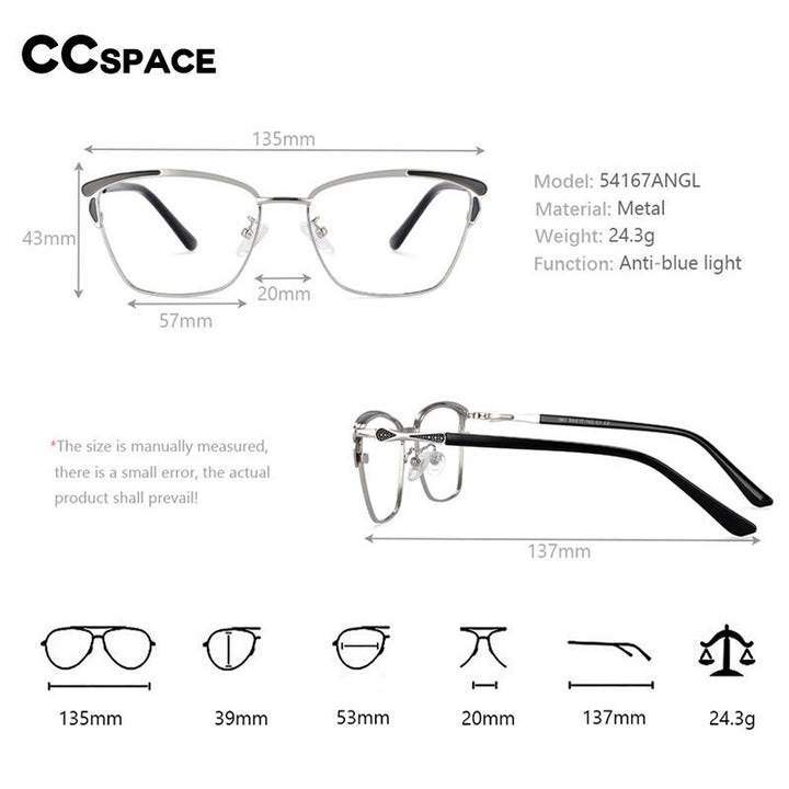 CCSpace Women's Full Rim Square Alloy Frame Eyeglasses 54167 Full Rim CCspace   