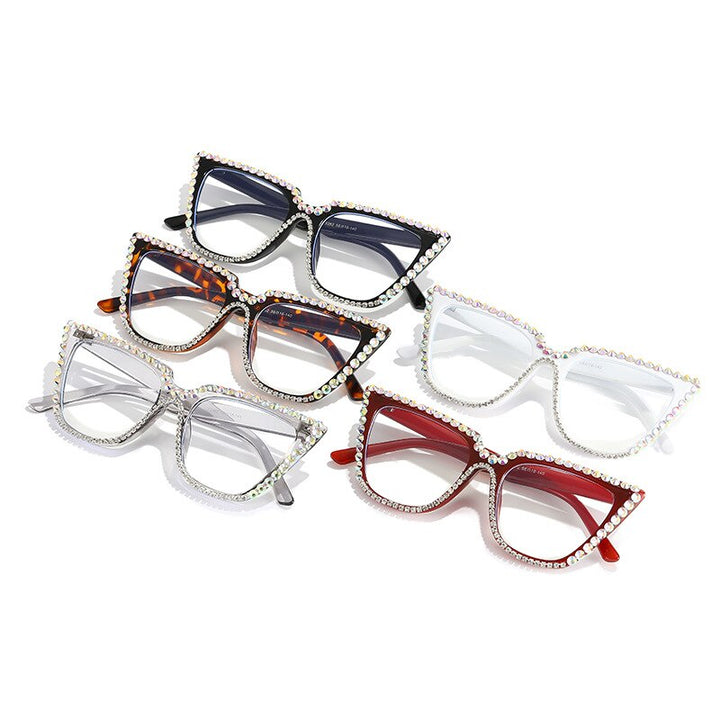 Cubojue Unisex Full Rim Rhinstone Studded Cat Eye Tr 90 Titanium Reading Glasses Hyperopic Reading Glasses Cubojue   