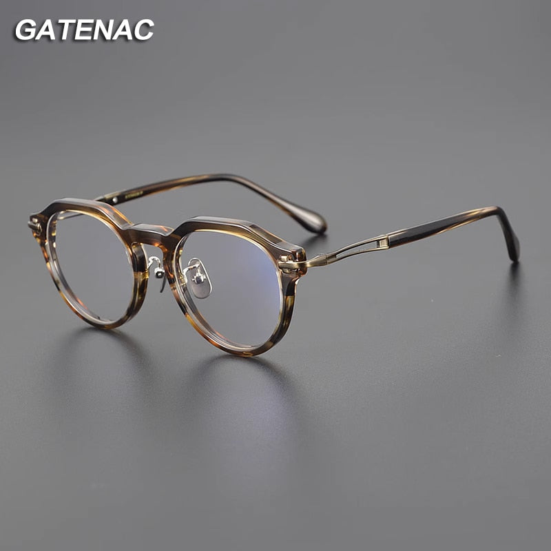 Gatenac Unisex Full Rim Flat Top Round Acetate Titanium Eyeglasses Gxyj1122 Full Rim Gatenac   