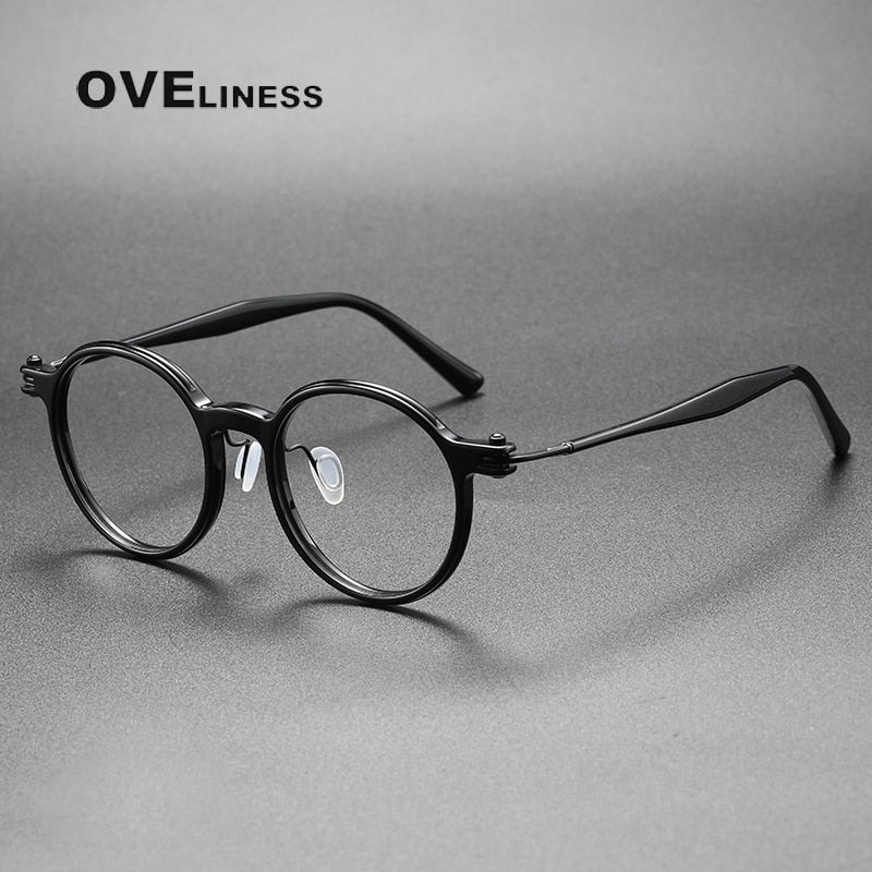 Oveliness Unisex Full Rim Round Acetate Titanium Eyeglasses 5886 Full Rim Oveliness black  