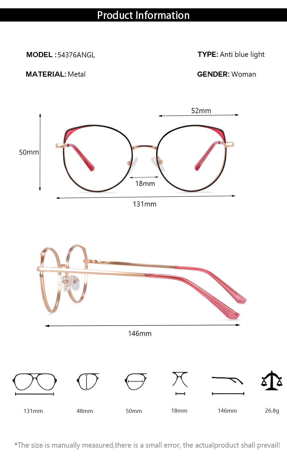 CCspace Women's Full Rim Round Alloy Frame Eyeglasses 54376 Full Rim CCspace   