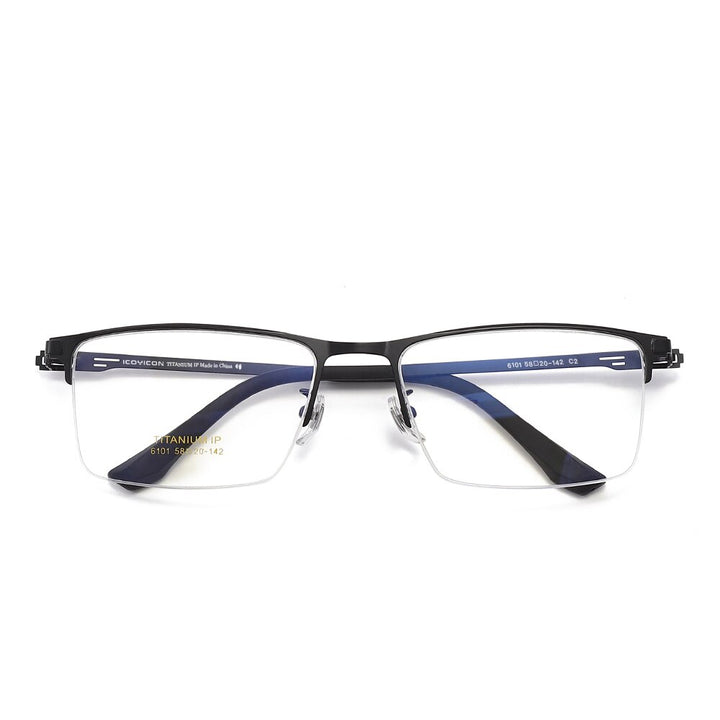 Hdcrafter Men's Semi Rim Square Titanium Eyeglasses 6101 Semi Rim Hdcrafter Eyeglasses C2 BLACK  