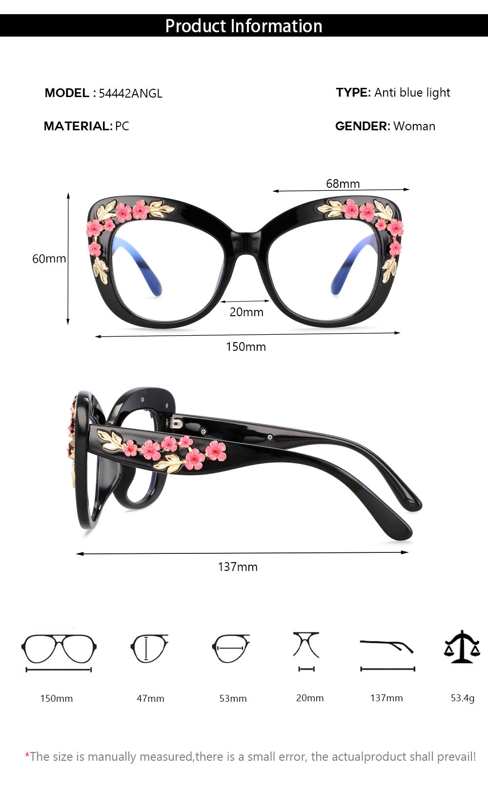 CCSpace Women's Full Rim Oversized Square Cat Eye Resin Frame Eyeglasses 54442 Full Rim CCspace   