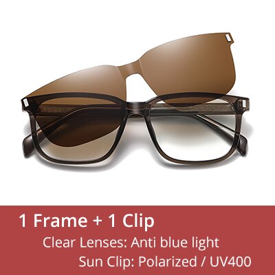 Ralferty Men's Full Rim Square Tr 90 Acetate Eyeglasses With Clip On Polarized Sunglasses D7201 With Clip Ons Ralferty C646 Brown China As picture