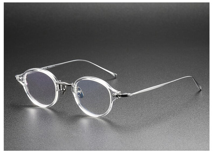 Muzz Men's Full Rim Small Round Acetate Titanium Eyeglasses 180 Full Rim Muzz Transparent Silver  