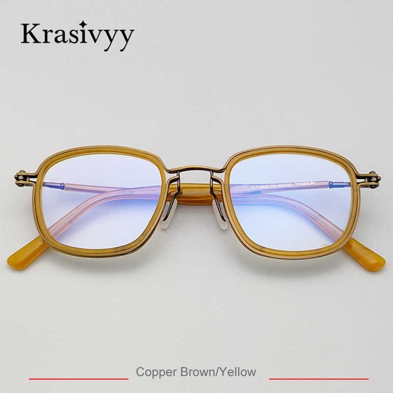 Krasivyy Men's Full Rim Square Titanium Acetate Eyeglasses Rlt5863 Full Rim Krasivyy Copper Brown Yellow CN 