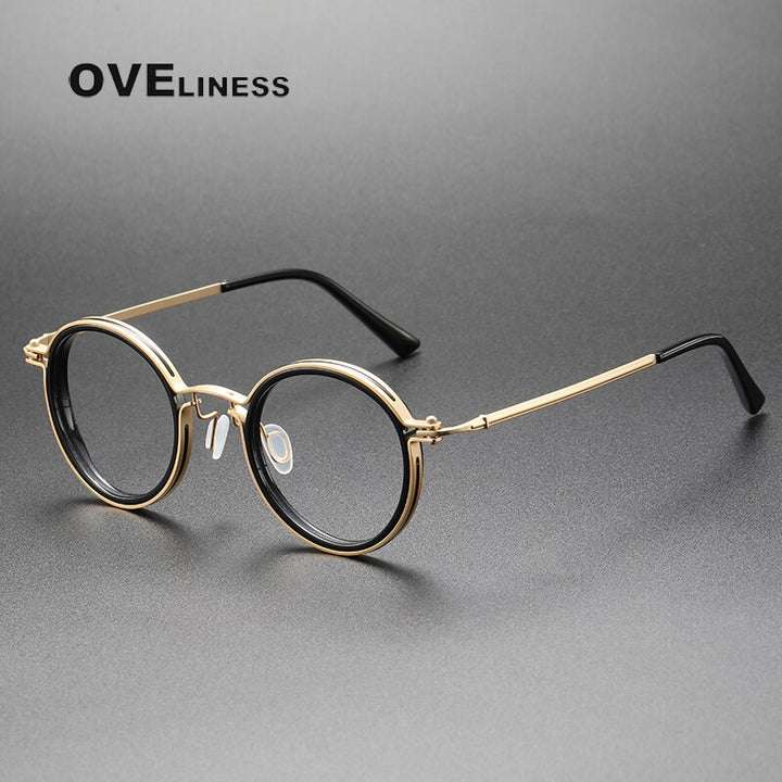 Oveliness Unisex Full Rim Round Acetate Titanium Eyeglasses 5860 Full Rim Oveliness black gold  