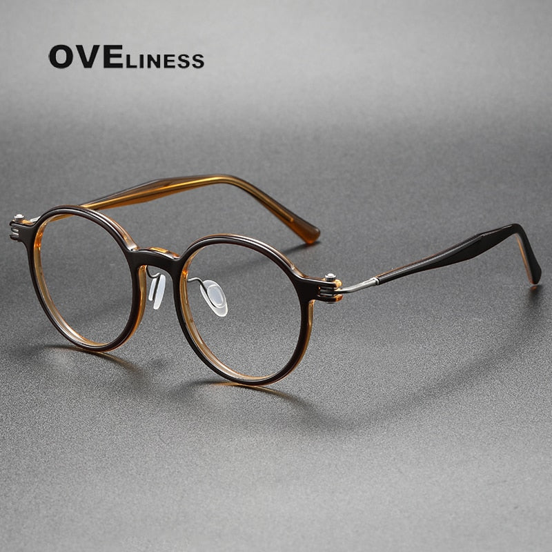 Oveliness Unisex Full Rim Round Acetate Titanium Eyeglasses 5886 Full Rim Oveliness brown gun  