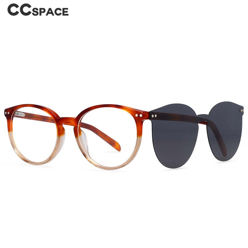 CCspace Unisex Full Rim Round Cat Eye Acetate Frame Eyeglasses Clip On Sunglasses 54331 With Clip Ons CCspace   