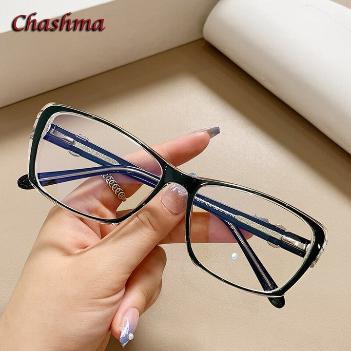 Chashma Ochki Women's Full Rim Square Tr 90 Titanium Eyeglasses 7872 Full Rim Chashma Ochki Black Silver  