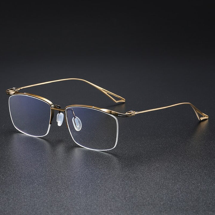 Muzz Men's Semi Rim Rectangle IP Titanium Eyebrow Frame Eyeglasses 04 Semi Rim Muzz Brown Gold  
