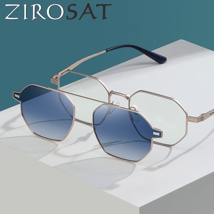 Zirosat Unisex Full Rim Polygon Round Alloy Eyeglasses Clip On Sunglasses CG8801 Clip On Sunglasses Zirosat   