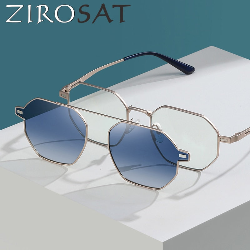 Zirosat Unisex Full Rim Polygon Round Alloy Eyeglasses Clip On Sunglasses CG8801 With Clip Ons Zirosat   