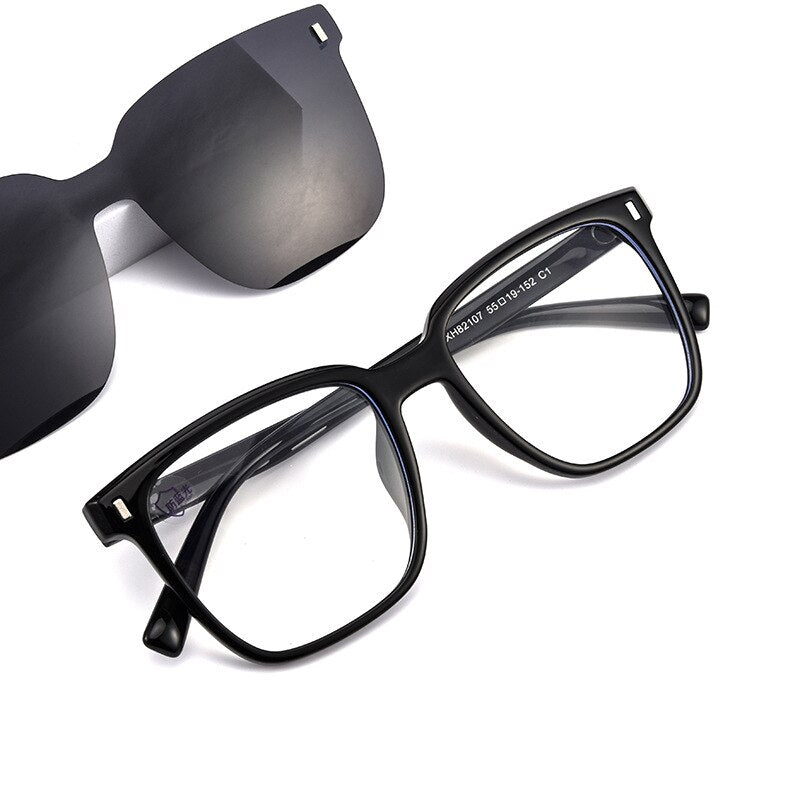 KatKani Unisex Full Rim TR 90 Resin Frame Eyeglasses Magnetic Clip On Sunglasses 82107 Clip On Sunglasses KatKani Eyeglasses Black  